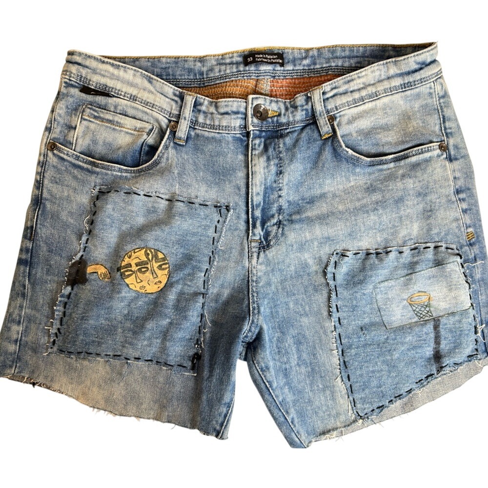 BDG Light Blue‎ Washed Denim Patch Shorts with Graphic Accents